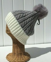 Winter Warm Stretchy Two-Tone Gray / Cream Knit Fuzzy Fur Pom Ski Beanie Hat  #K - £9.64 GBP