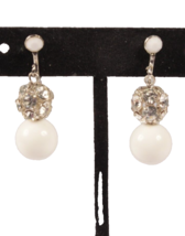 Vintage White Ball and Rhinestone Earrings Clip On - $2.99
