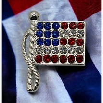 American Flag Rhinestone Brooch Silver Tone Lapel Pin Patriotic USA Veteran - £7.95 GBP