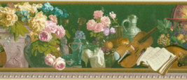 Elegant Roses &amp; Violin Prepasted Wallpaper Border 79085B - £10.02 GBP
