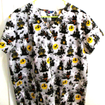 Halloween Scrub Top Spooky Ghosts &amp; Haunted Houses Lrg Ziki 2 Pockets - $6.92