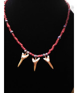 Triple Shark Tooth Necklace with Vintage Red White Heart Chervron Trade Beads - $31.08