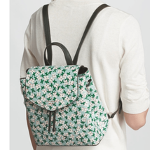 Kate Spade New York Medium Flower Print Leather Flap Backpack Green Blac... - $210.38