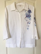 JM Collection 100% Linen Button Front 3/4 Sleeve Embroidered 12 White Top Blouse - £28.15 GBP