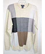 Men&#39;s Tan Beige Crew Neck Geometric Sweater Easy Care Soft Touch Size Large - £9.71 GBP