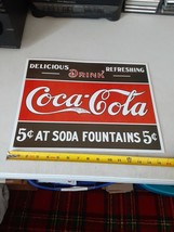 Coca-Cola Tin Sign 16&quot; x 12.5&quot; 5 Cents at Soda Fountains, Retro Look, VG - £7.93 GBP