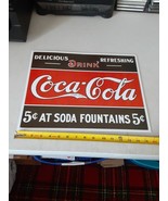 Coca-Cola Tin Sign 16&quot; x 12.5&quot; 5 Cents at Soda Fountains, Retro Look, VG - £7.77 GBP
