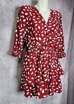 Umgee Fit &amp; Flare Maroon Dress Womens Small White Dalmatian Print V-Neck... - $16.99