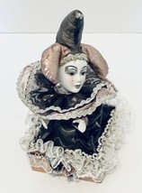Jester Harlequin Porcelain Head Arms Music Box Doll On Block Rotates to Music - £18.25 GBP