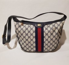 Vintage Gucci GG Logo Canvas Navy Leather Trim Shoulder Bag Purse Made I... - $296.99
