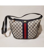 Vintage Gucci GG Logo Canvas Navy Leather Trim Shoulder Bag Purse Made I... - £234.64 GBP