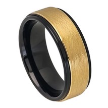 Tungsten Ring  2 Tone Black  IP Inside Yellow Gold Wire Brush Center  8 mm Band - £31.01 GBP