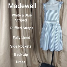 Madewell White &amp; Blue Striped Side Pockets Fully Lined Back Zip Dress Si... - £30.67 GBP