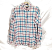 VTG Van Heusen Shirt Men&#39;s Medium Flannel Button Up Blue Red White Plaid SPOTS - £8.90 GBP