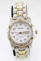Benrus Watch Men Silver Gold Stainless Steel Battery 100m Day Date White Quartz - $33.53