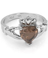 Claddagh Smoky Quartz Ring In Solid 14k White Gold - $543.34 CAD