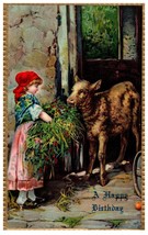 Postcard Embossed Happy Birthday Girl In Dress Red Scarf Feeds Calf Flowers 1909 - £4.69 GBP