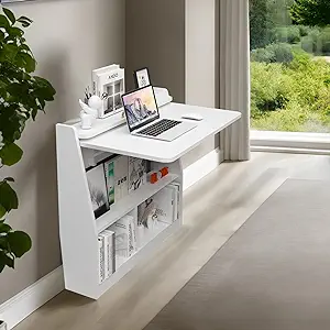 Wall Mounted Desk, Wooden Folding Desk Space Saving Wall Desk With Storage Shelf - £347.61 GBP