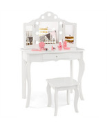 Kid Vanity Table Stool Set with Tri-Folding Mirror and 3-Color LED Light... - $188.56