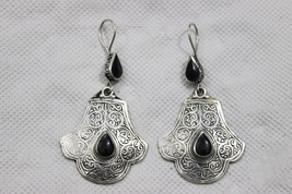 Handmade Black short earrings, black obsidian natural stone, silver stainless st - £23.54 GBP