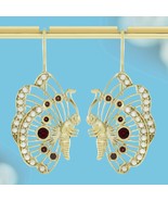 9K Gold Natural Garnet and Pearl Vintage Style Butterfly Dangle Earrings - $950.00