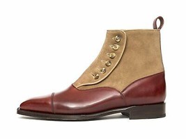MENS HANDMADE REAL SUEDE LEATHER SHOES TWO TONE TAN &amp; BROWN ANKLE HIGH B... - $219.03 CAD+