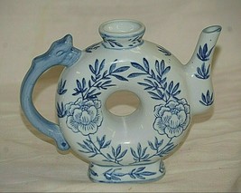 Vintage Blue &amp; White Asian Teapot Donut Shape Dragon Handle Floral Desig... - $19.79