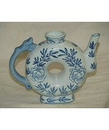 Vintage Blue &amp; White Asian Teapot Donut Shape Dragon Handle Floral Desig... - $19.79