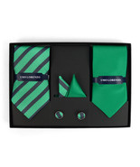 Striped &amp; Solid Tie with Matching Hanky &amp; Cufflinks - Green - £14.00 GBP
