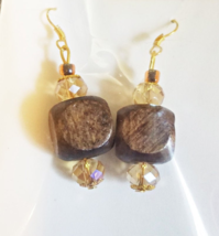 large brown bead drop earrings long dangles wood glass beaded chunky boh... - $6.99