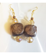 large brown bead drop earrings long dangles wood glass beaded chunky boh... - £5.55 GBP