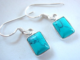 Turquoise Rectangle 925 Sterling Silver Dangle Earrings Very Small New - £9.24 GBP