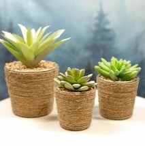 Set Of 3 Realistic Artificial Botanica Plant Succulents In Jute Wrapped Tin Pots - £38.36 GBP