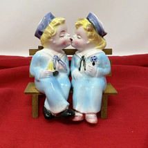 VTG 1950s Boy &amp; Girl Kissing Ceramic Salt Pepper Shakers SAILORS Coastal Kitsch - £25.87 GBP