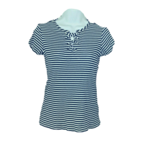 Almost Famous Too Girls Top Youth XL 16 White Blue Striped Short Sleeve Lace Up - £14.15 GBP
