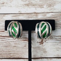 Vintage Clip On Earrings - Chunky Green &amp; Silver Tone - £10.35 GBP