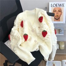 Strawberry Embroidery Cardigan Women Sweet Cropped Sweaters Gentle  Retro Korean - £78.29 GBP