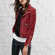 Stylish Women Red Real Suede Leather Jacket Handmade Motorcycle Biker Ca... - $106.81+