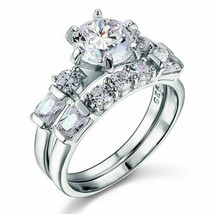 14k White Gold GP 2pc Round &amp; Baguette Diamond Engagement &amp; Wedding Ring Set 2ct - £59.40 GBP