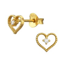 14ct Yellow Gold on Silver Vermeil Diamond Simulant CZ Heart Earrings Hallmarked - £14.26 GBP