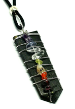 Black Tourmaline Pendant Necklace 7 Chakra Wire Wrapped Gemstone Cord Jewellery - £10.08 GBP