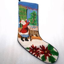 Handmade Christmas Stocking Santa tree Needlepoint embroidery poinsettia... - $11.00