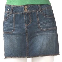 SO Juniors Denim Medium Rinse Miniskirt Mini Skirt Frayed Hem Pocket Skirt - £11.79 GBP