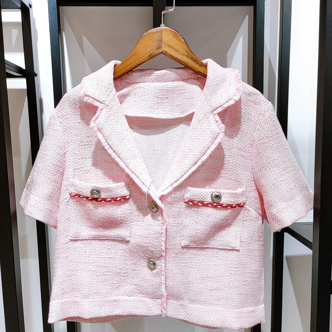Woman Pink Blazer Office Ladies Short Sleeve French Brand Elegant  Button Jacket - £147.97 GBP