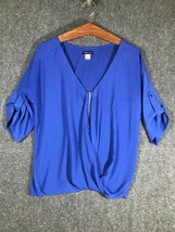 Venus V Neck Blouse Small Women Blue Size S Cute Roll Tab Sleeve Shirt S... - £8.22 GBP