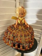 Vtg Large Doll Beaded Full Dress Safety Pin Art 1950s/60s pageant pinup girl - £21.80 GBP