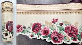 Vintage Wallpaper Border Sculpted Roses Rosebud Floral Die Cut Maroon Go... - $15.97