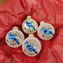 4 Krebs BLUEJAY Frosted Glass Ornaments Birds Snowflakes Vtg Gold Tone Hanger - £21.93 GBP