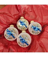 4 Krebs BLUEJAY Frosted Glass Ornaments Birds Snowflakes Vtg Gold Tone H... - £21.86 GBP