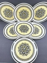 7 Jamestown China Dinner Plates Set Vintage 10 1/4&quot; Brown Yellow Scrolls 70s Era - £62.01 GBP